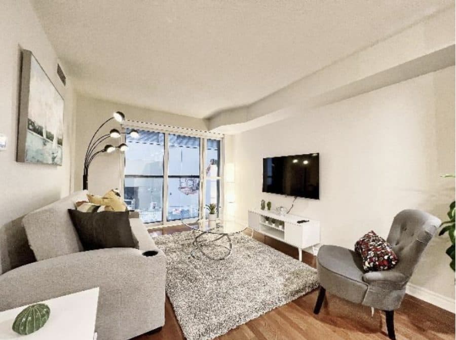 Furnished condo suite interior at The Icon, 250 & 270 Wellington St W, Wellington West, downtown Toronto